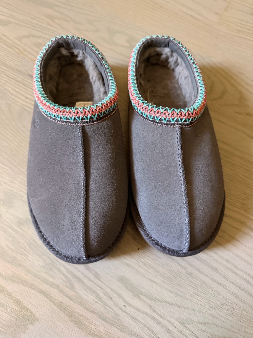 UGG Gray Tasman Suede Slip-On Slippers with Multicolor Trim